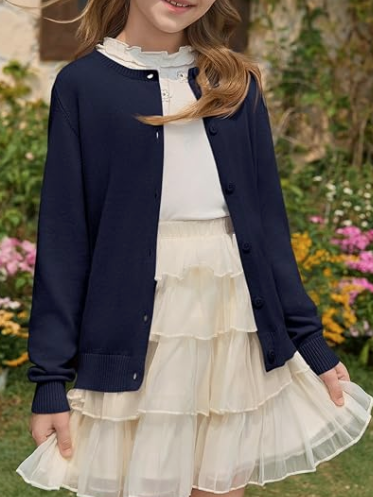 Girls Button Down Cardigan Kids Long Sleeve Crewneck Uniform Knit Sweater